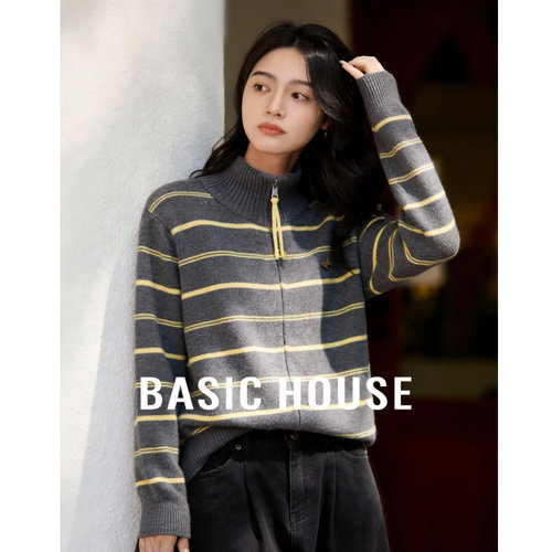 Basic House/百家好复古撞色条纹毛衣女半高领拉链宽松针织开衫春