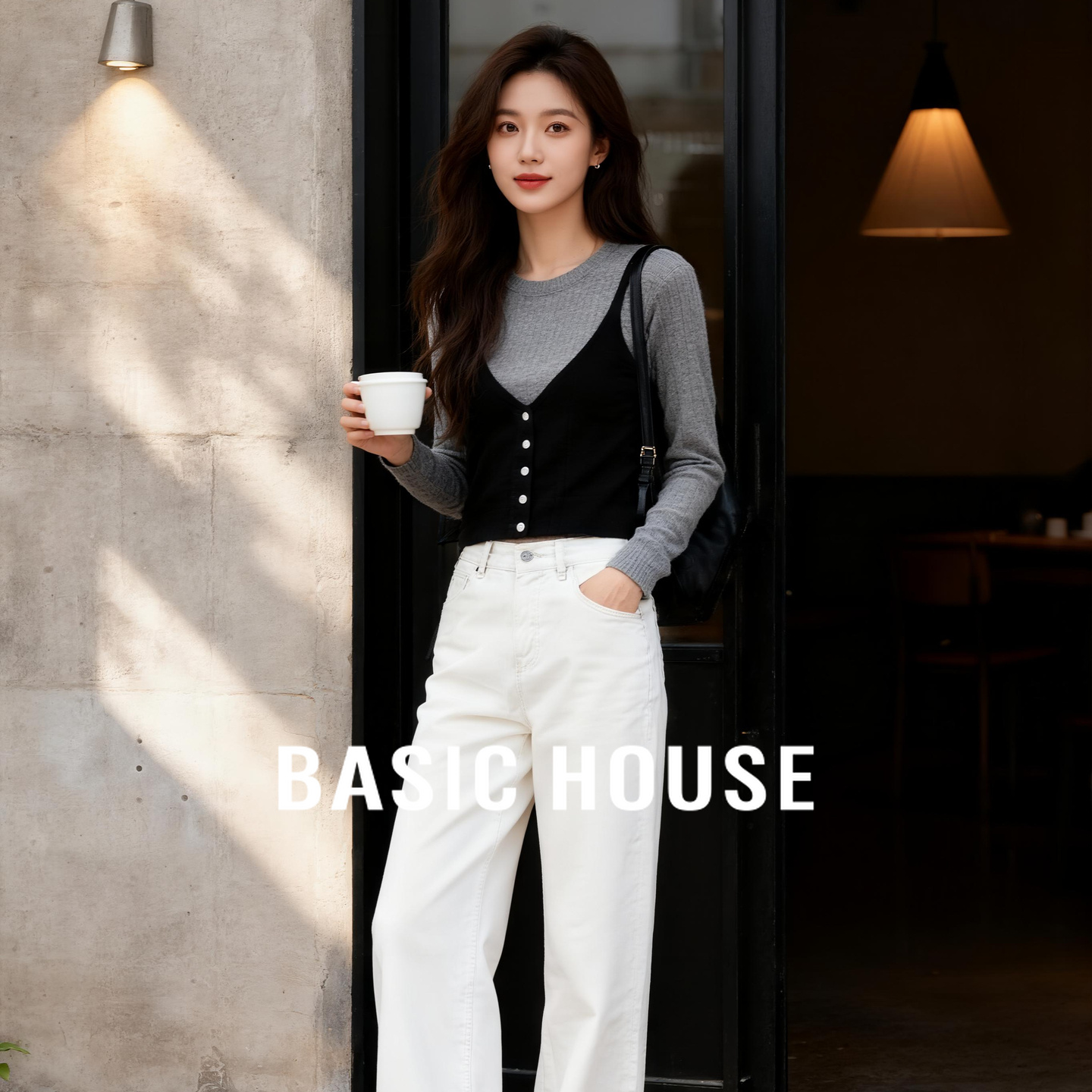 Basic House/百家好吊带叠穿假两件针织衫2025秋季撞色长袖上衣女