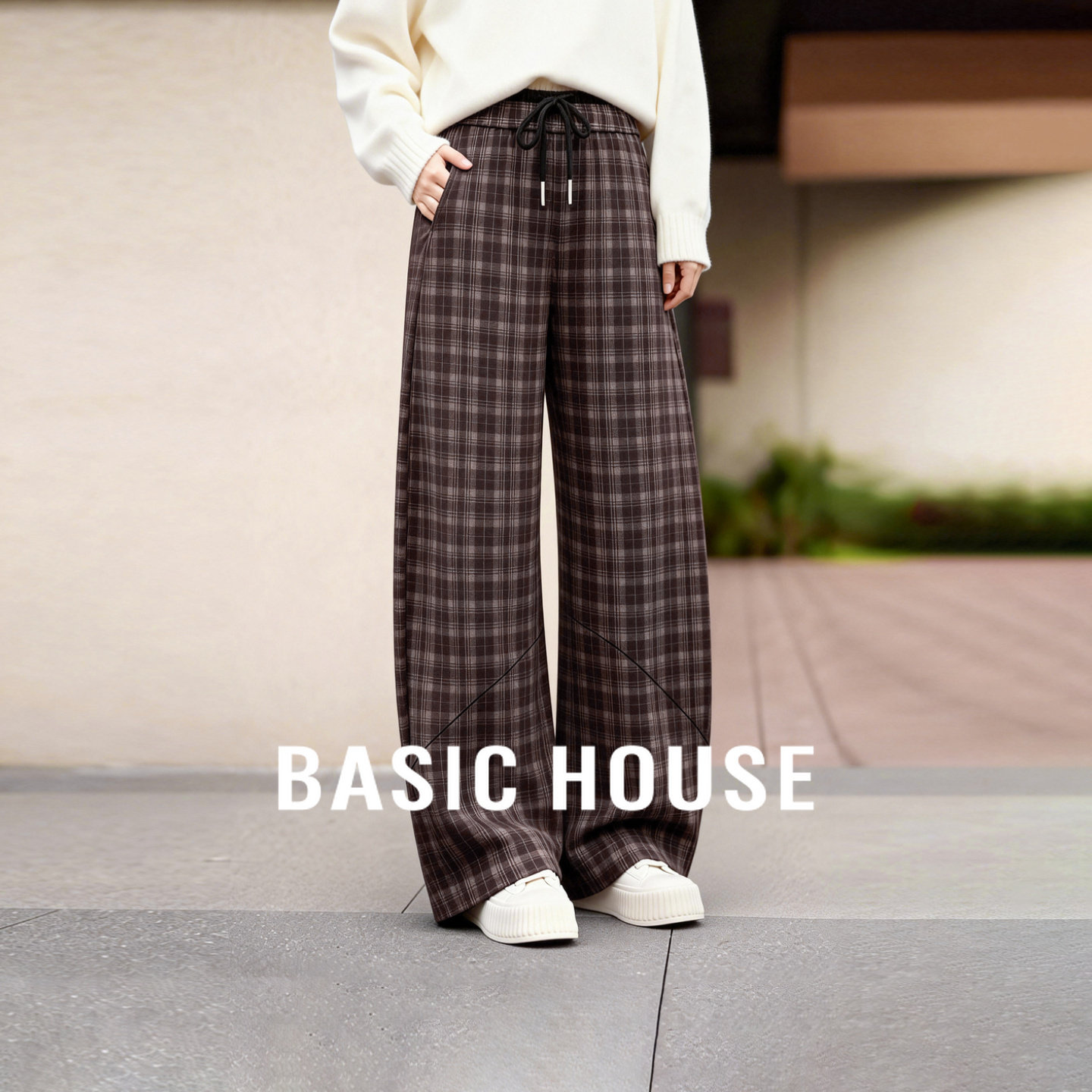 Basic House/百家好轻复古格纹休闲裤女冬季直筒抽绳高级感阔腿裤,女装/女士精品,休闲裤,淘宝优惠券,粉丝福利购,淘宝优惠卷