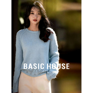 女夏慵懒风薄款 Basic 镂空针织衫 百家好撞色圆领插肩袖 上衣 House