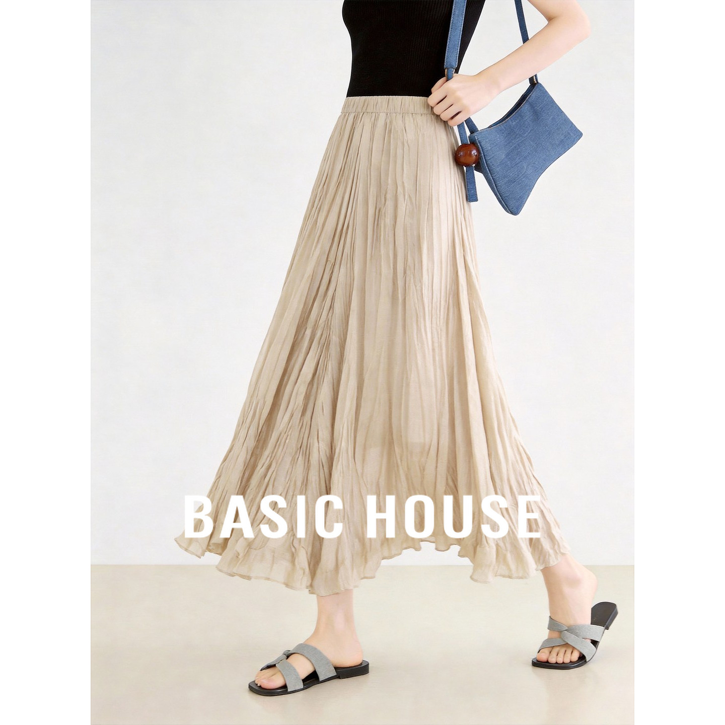 Basic House/百家好高级感压褶半身裙女松紧腰遮胯显瘦气质中长裙