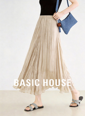 Basic House/百家好高级感压褶半身裙女松紧腰遮胯显瘦气质中长裙