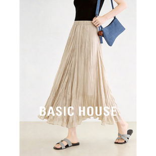 Basic 百家好高级感压褶半身裙女松紧腰遮胯显瘦气质中长裙 House