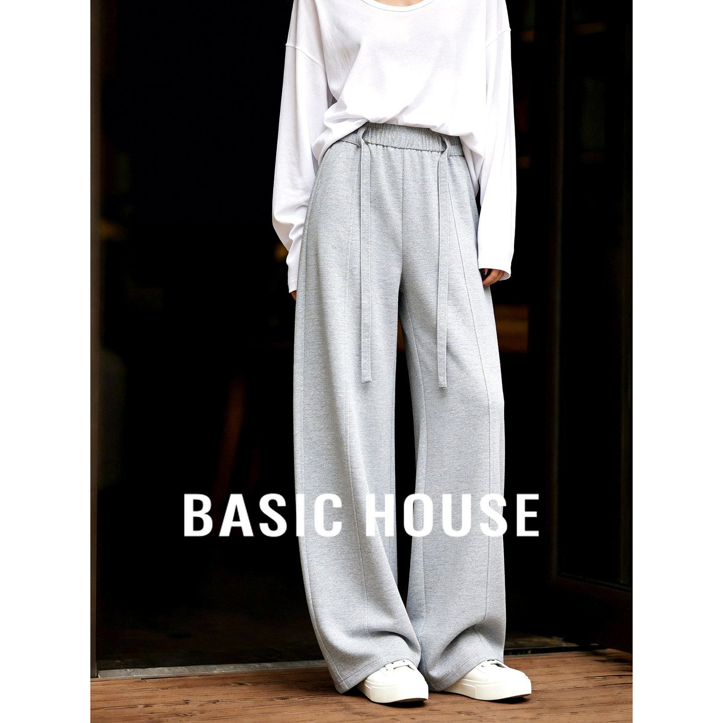 Basic House/百家好慵懒风抽绳阔腿卫裤女春夏高腰宽松直筒休闲裤