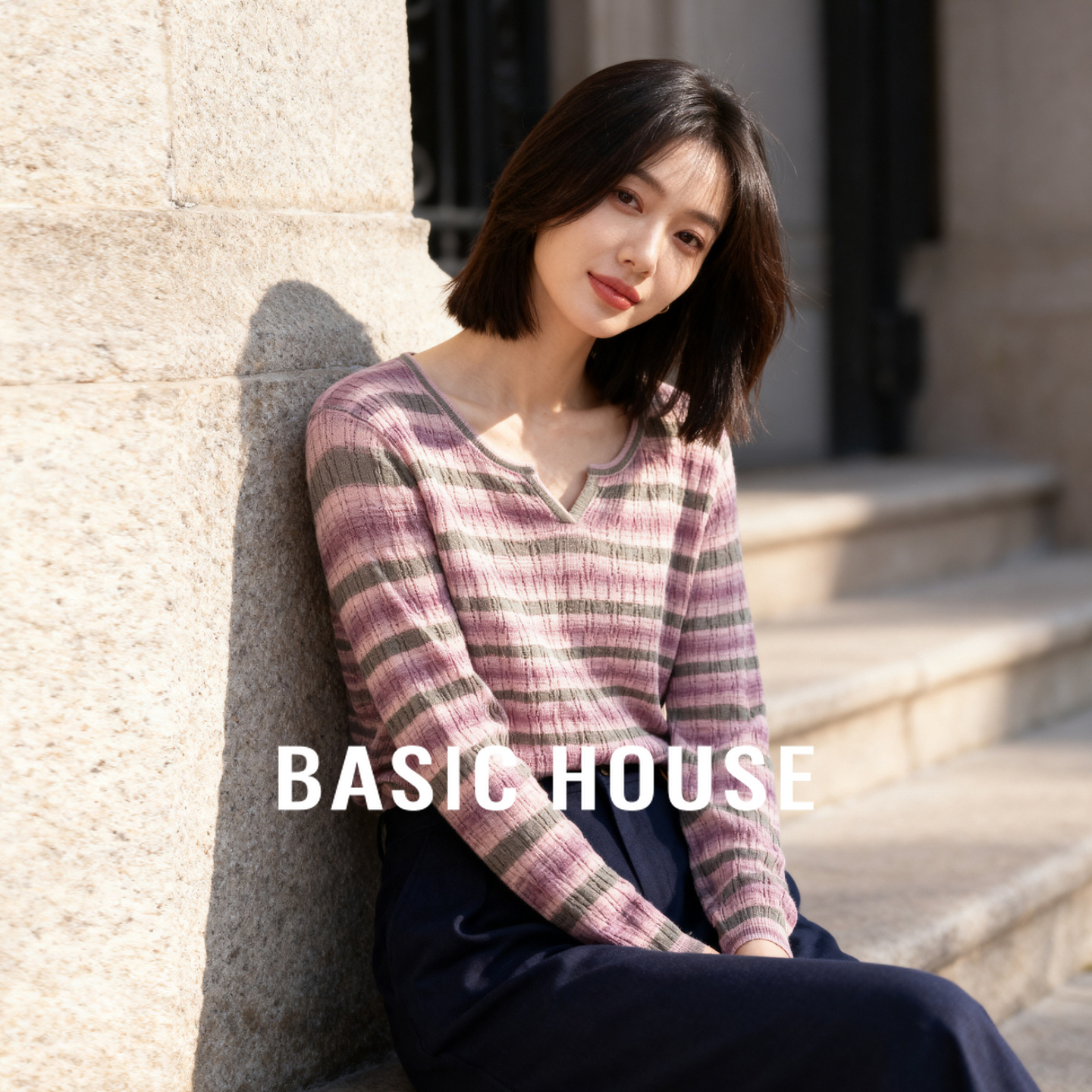 Basic House/百家好彩色撞色条纹针织衫女25秋季航海系显瘦上衣女
