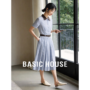 子连衣裙夏新款 百家好学院风格 收腰翻领A字裙 House 百家好Basic