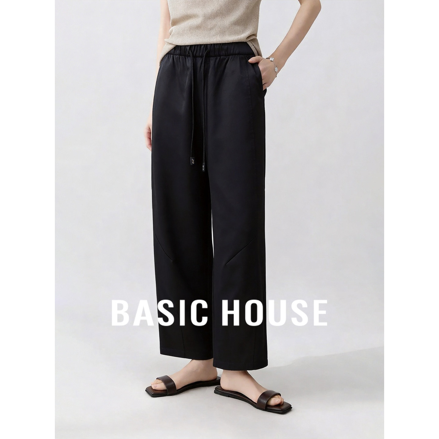 Basic House/百家好高腰抽九分直筒裤女日系松弛感纯色简约阔腿裤