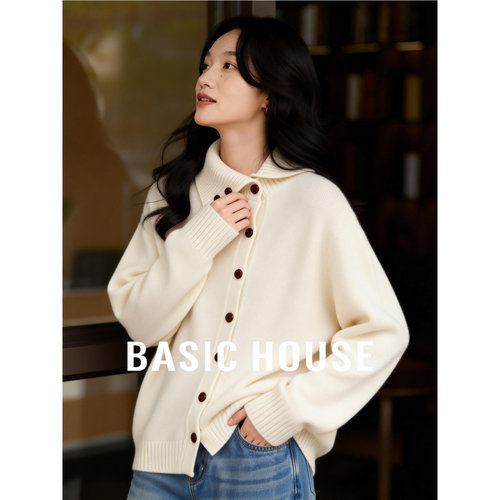 百家好绵羊毛立领设计感针织开衫女冬季新款慵懒宽松厚实保暖毛衣