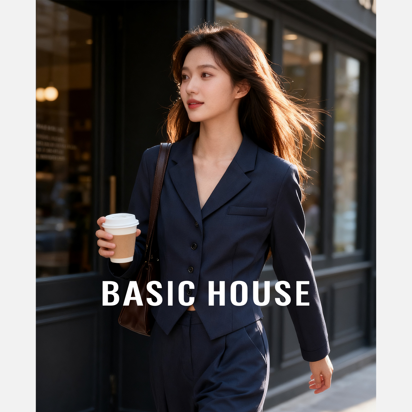 Basic House/百家好藏青短款西装阔腿裤套装女气质通勤小众两件套