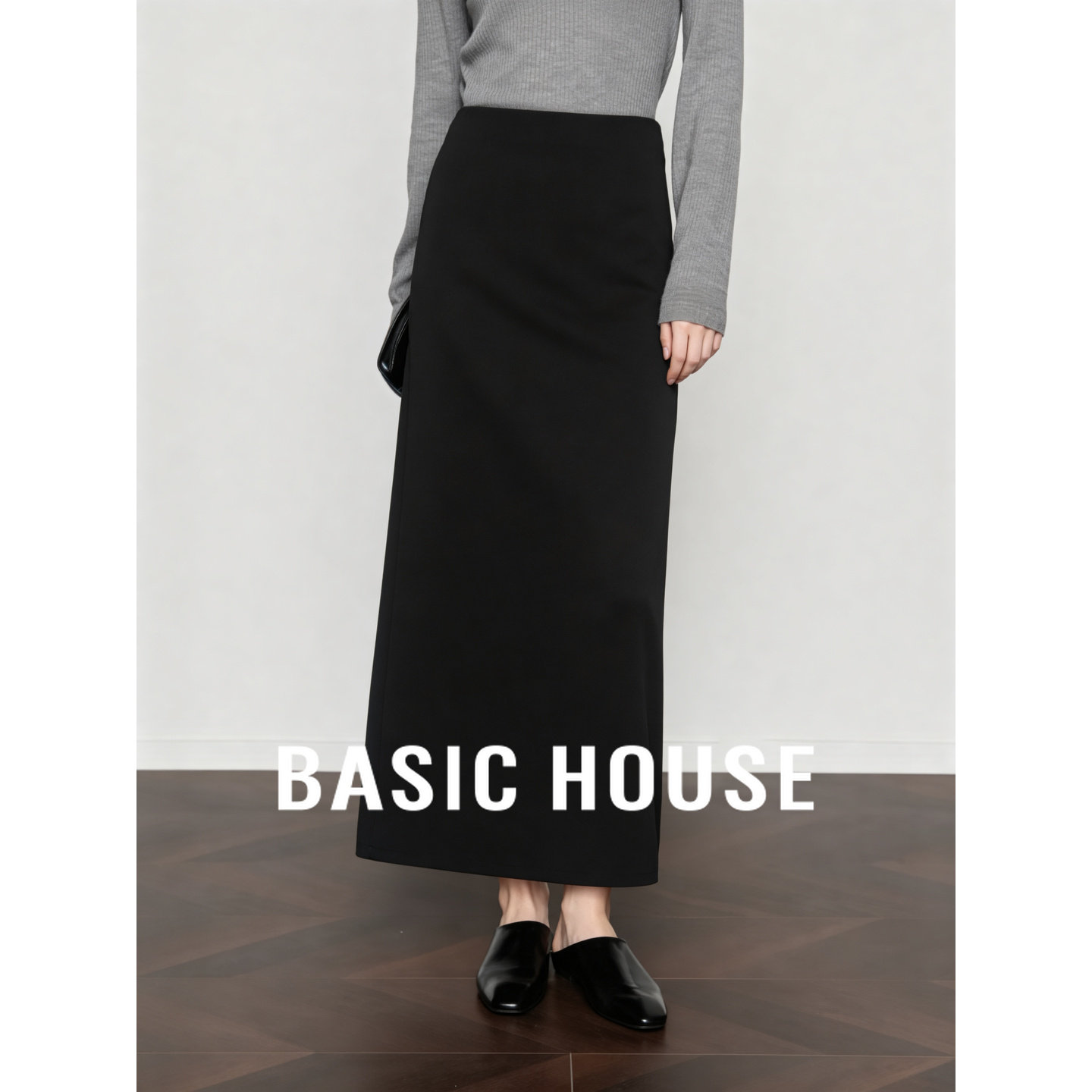 Basic House/百家好黑色松紧腰半身裙女中长款垂感蚕丝通勤直筒裙
