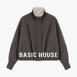 百家好春季新款撞格纹立领宽松廓形短款挺括上衣复古中性风外套