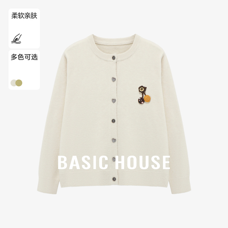 Basic House/百家好休闲百搭个性刺绣设计感秋季新款圆领针织开衫
