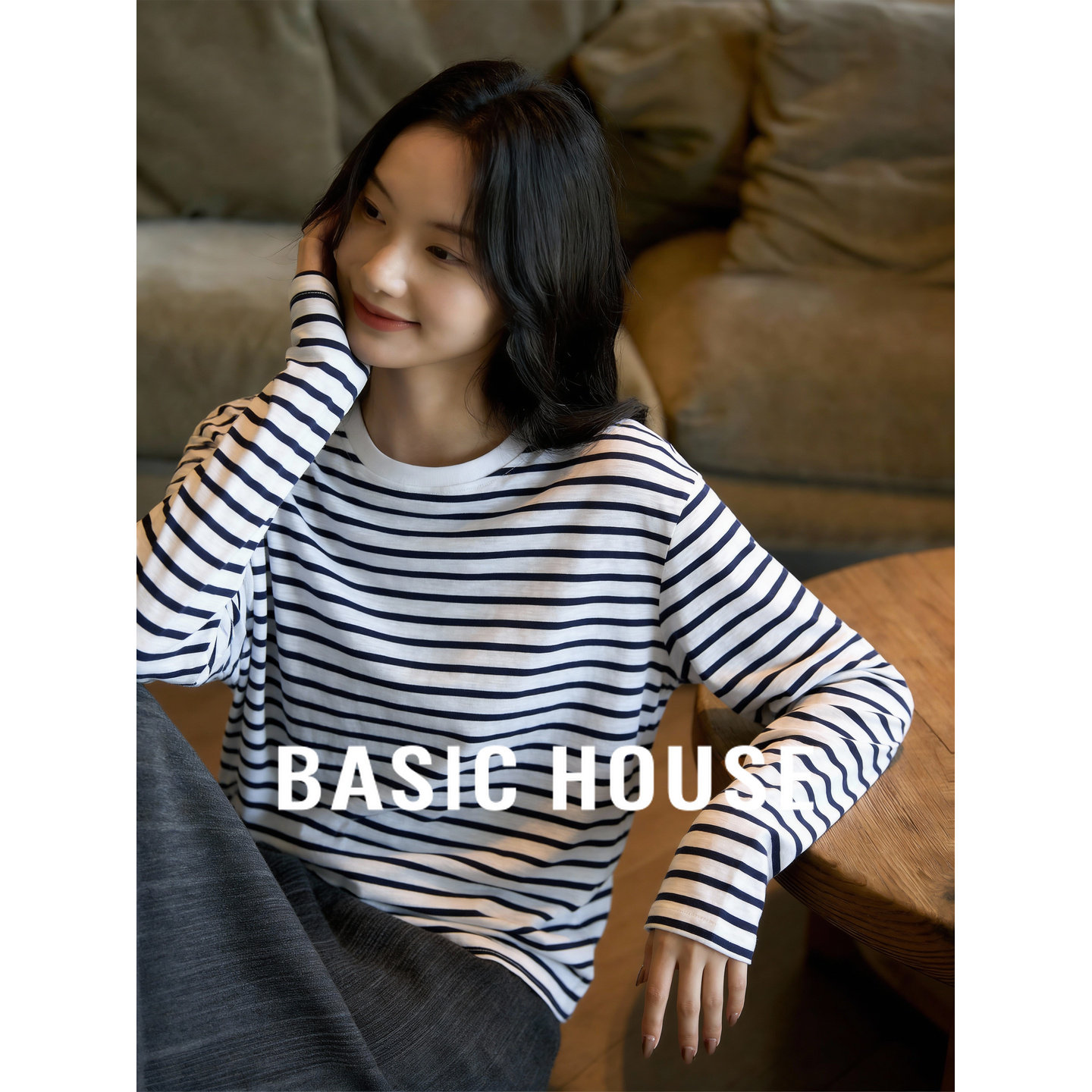 百家好圆领条纹长袖T恤女士春季新款内搭可外穿宽松百搭休闲上衣