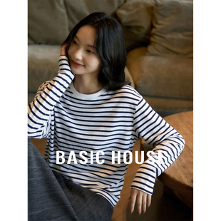 内搭可外穿宽松百搭休闲上衣 新款 百家好圆领条纹长袖 T恤女士春季