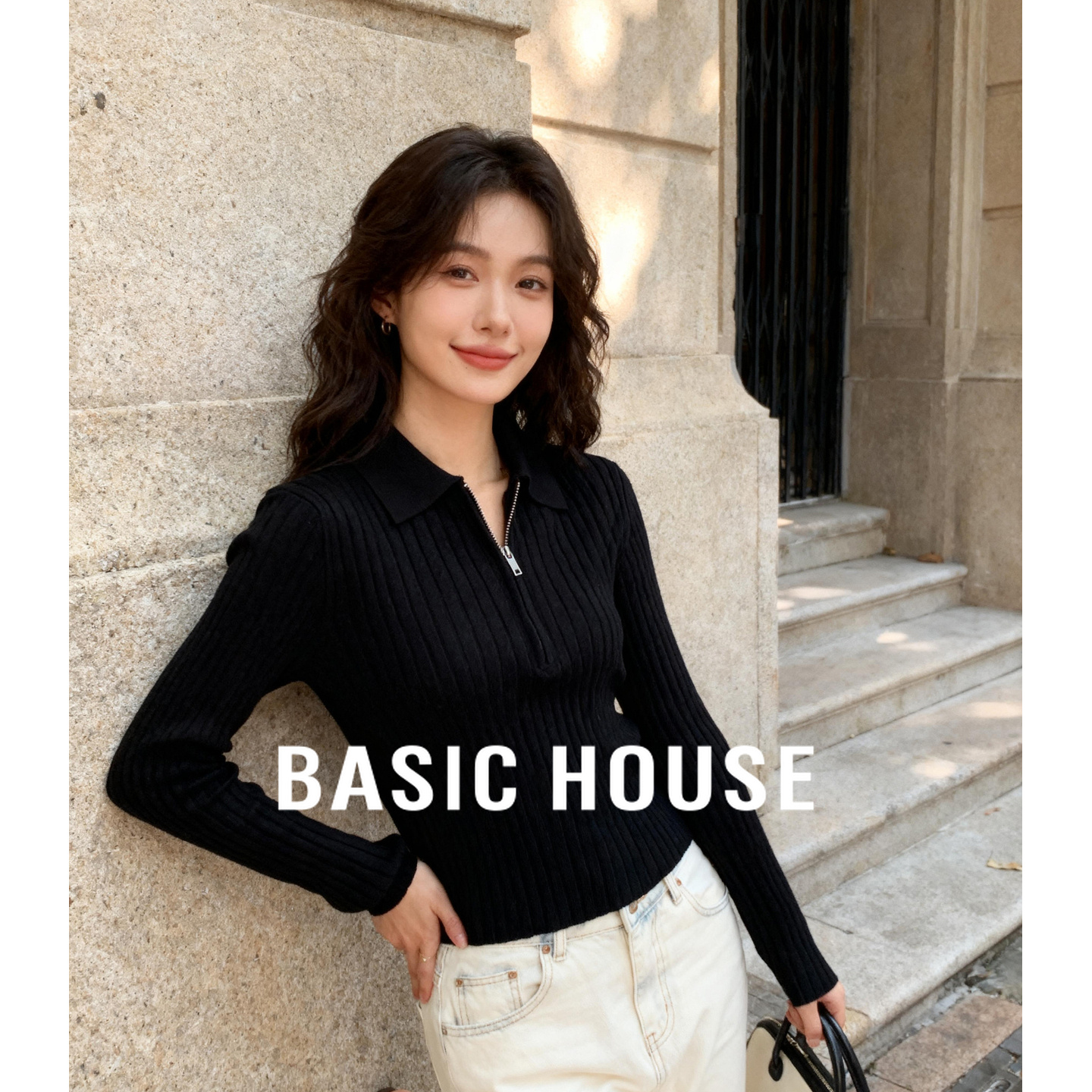Basic House/百家好半高领拉链针织衫25秋冬经典罗纹修身显瘦上衣