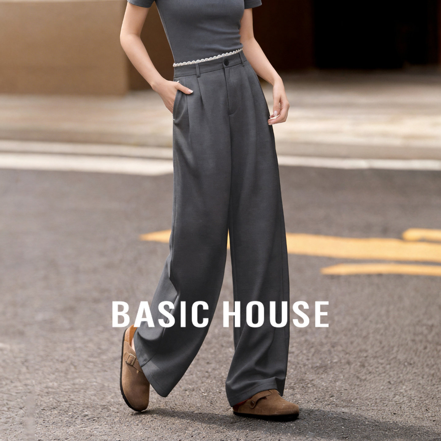 Basic House/百家好纯色阔腿褶皱休闲裤春季新款高腰显瘦直筒西裤