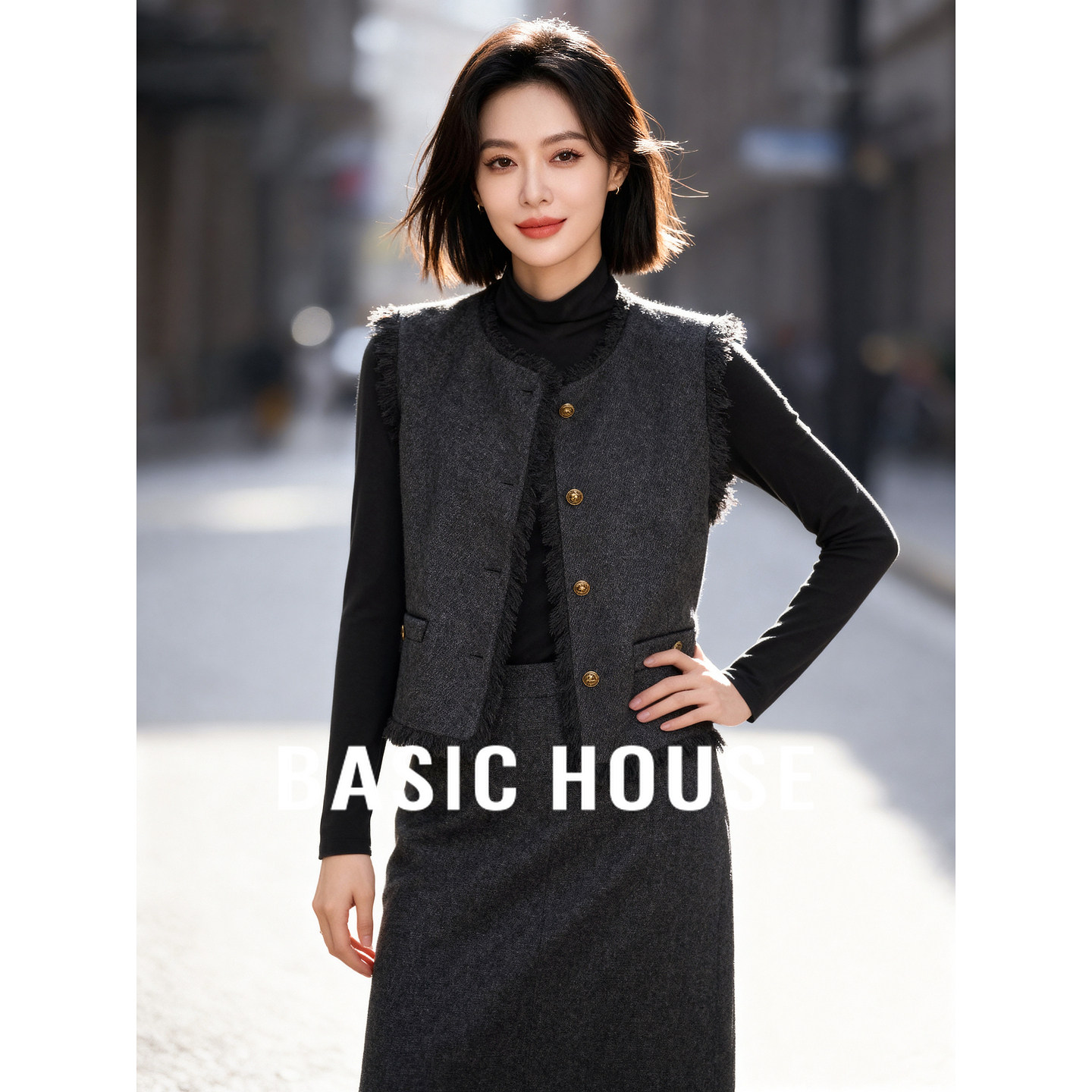 Basic House/百家好小香风时尚套装马夹修身长袖上衣半身裙三件套,女装/女士精品,时尚套装,淘宝优惠券,粉丝福利购,淘宝优惠卷