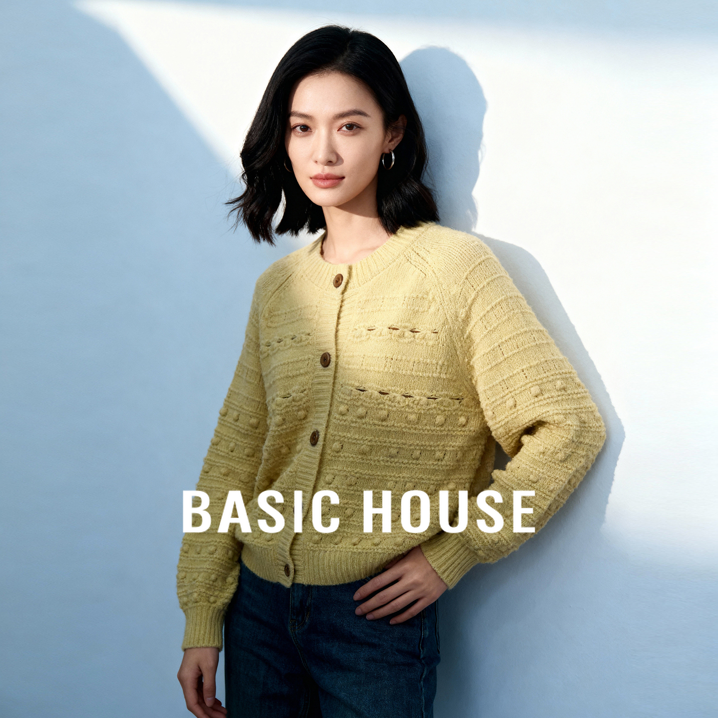 Basic House/百家好钩花插肩袖毛衣今年秋季流行圆领短款开衫外套