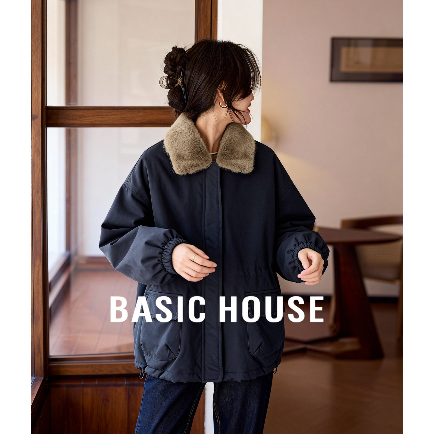 百家好羊羔毛领收腰棉服25冬季新款女士加厚保暖短款棉衣夹克外套