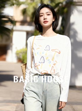 Basic House/百家好童趣蘑菇印花T恤女秋冬宽松白色长袖森系上衣