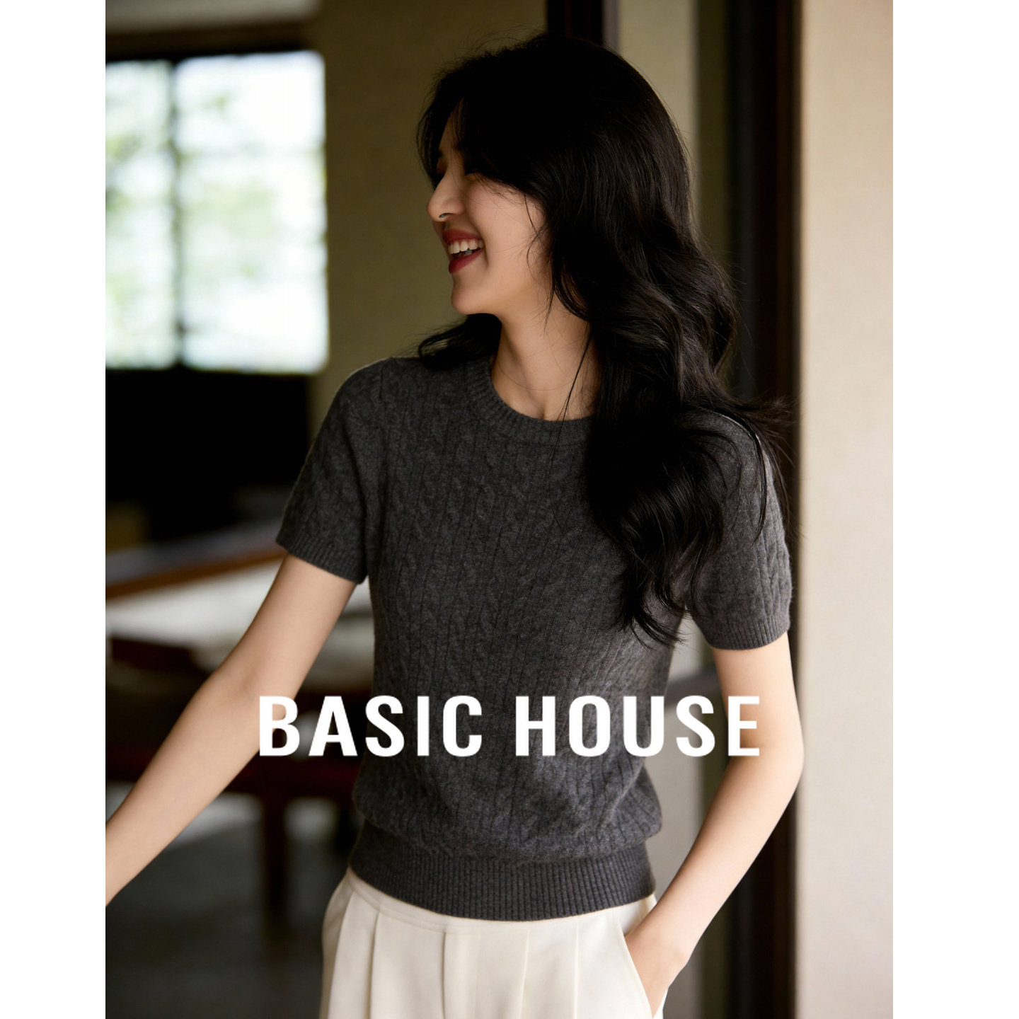 Basic House/百家好绞花短袖羊毛衫女早春新款休闲叠穿内搭毛衣,女装/女士精品,毛衣,淘宝优惠券,粉丝福利购,淘宝优惠卷