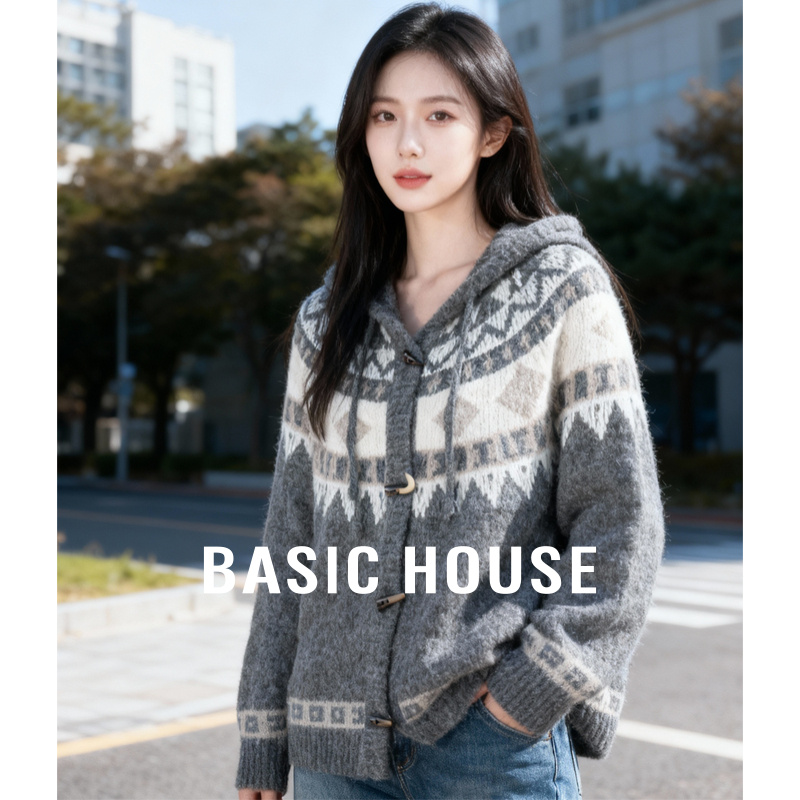 百家好复古牛角扣连帽开衫费尔岛风毛衣女25冬季新款宽松保暖外套