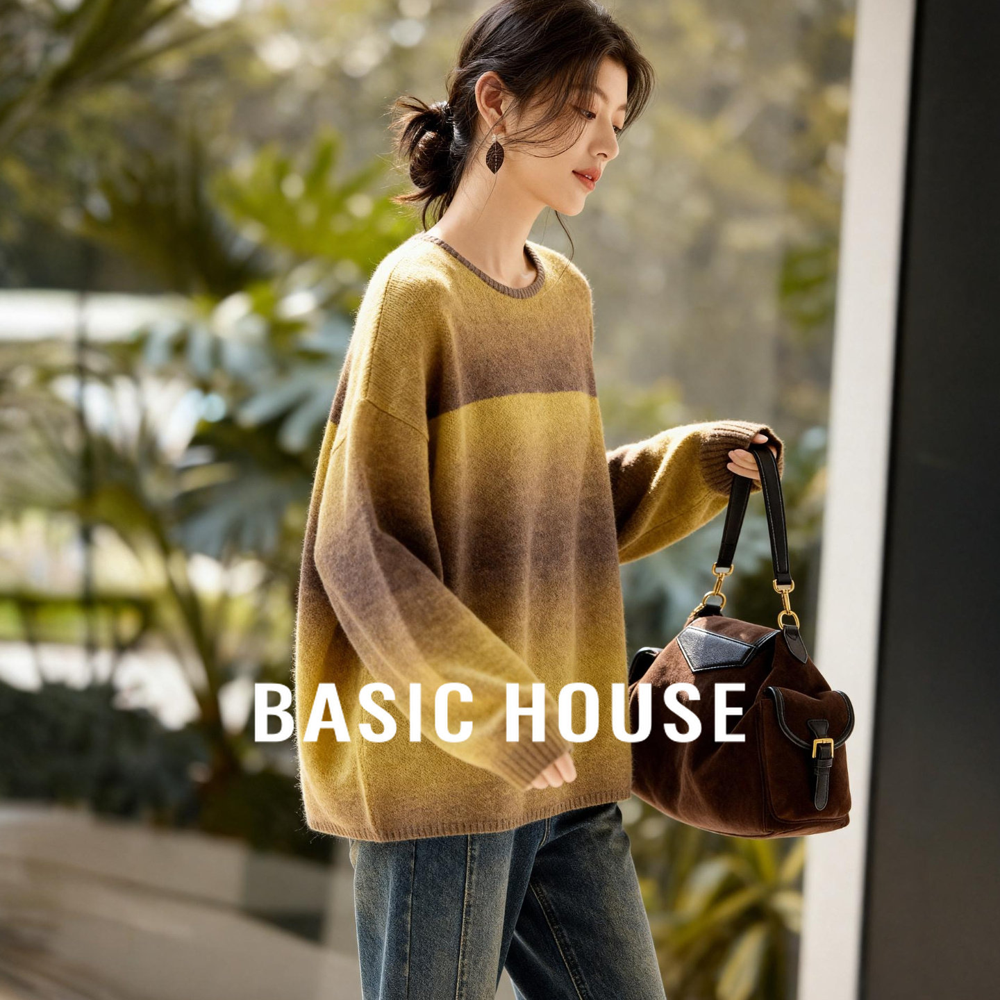 Basic House/百家好春款撞色条纹针织衫女松弛感长袖套头上衣薄款