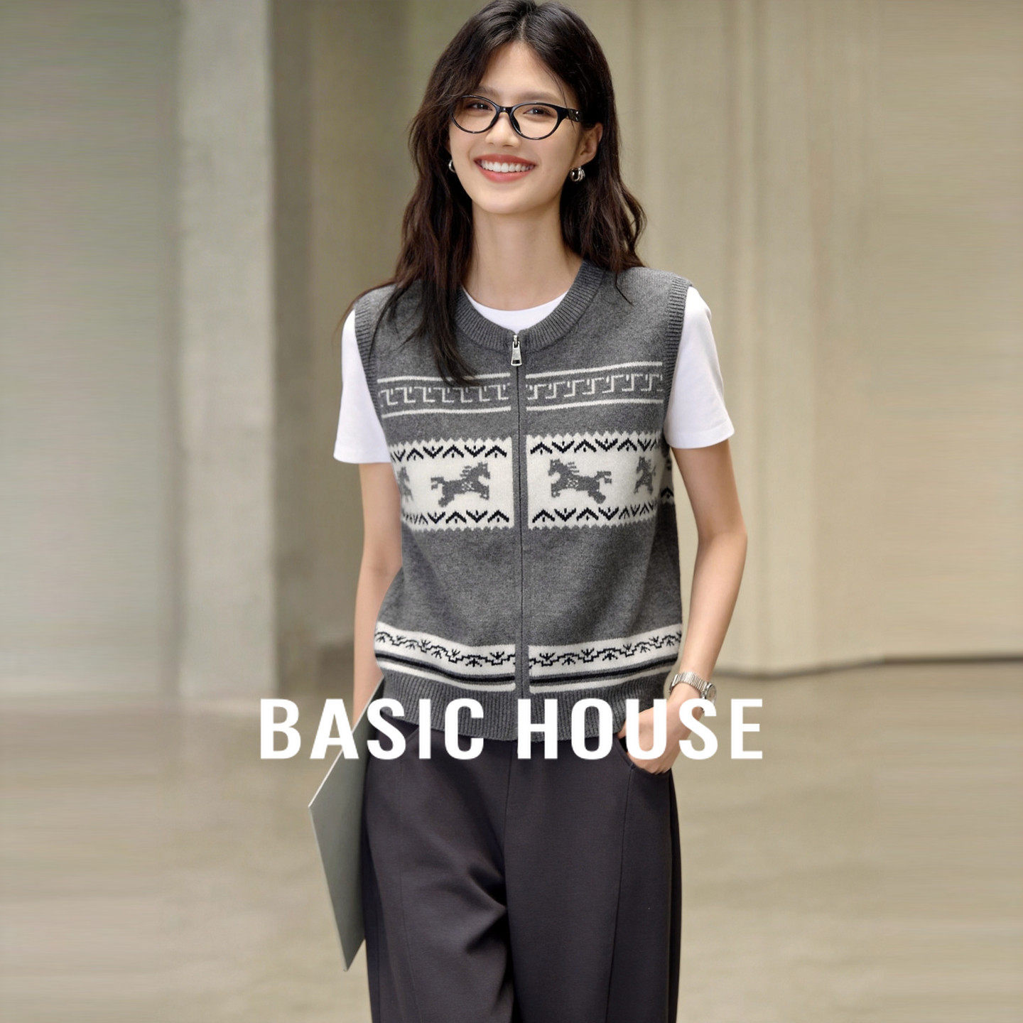 百家好费尔岛提花针织开衫女2026春装小个子短款叠穿无袖马甲上衣