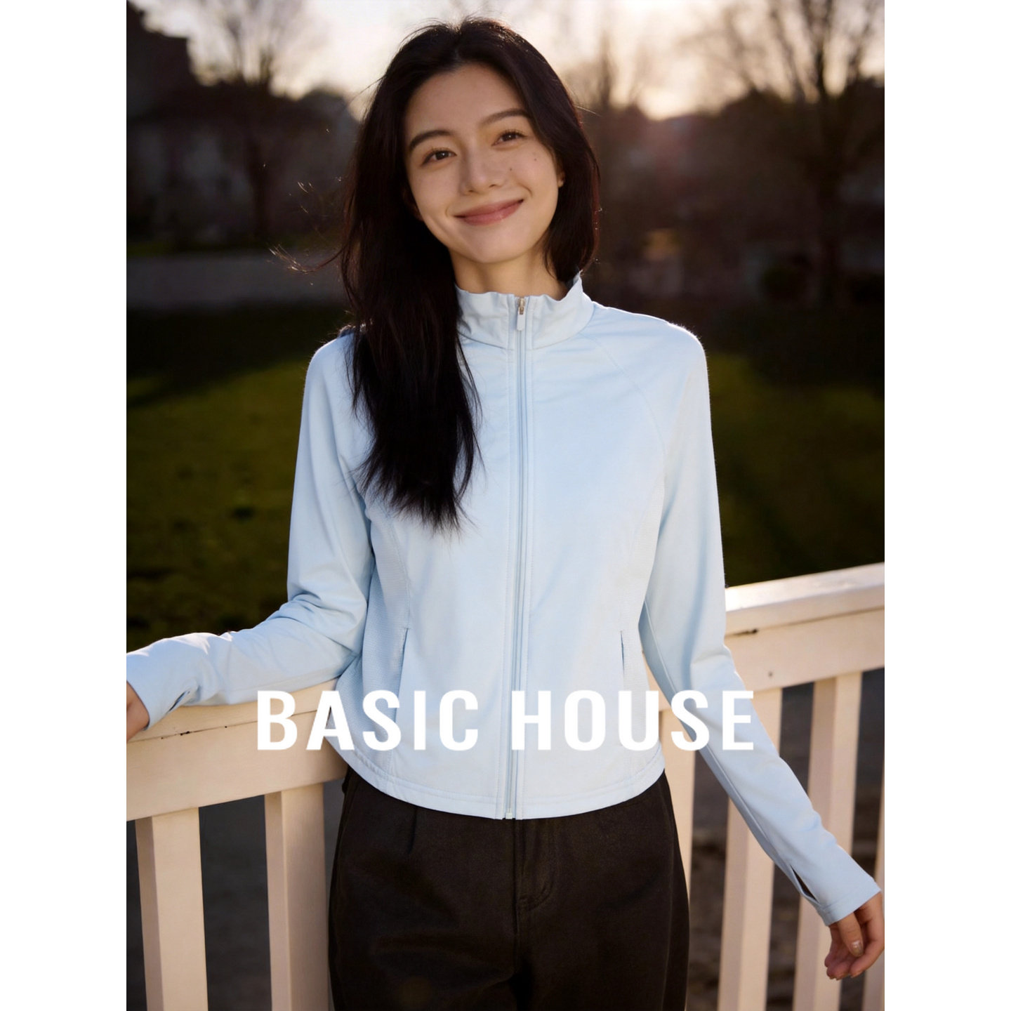 Basic House/百家好韩系运动风立领拉链卫衣女冰川蓝薄款修身上衣