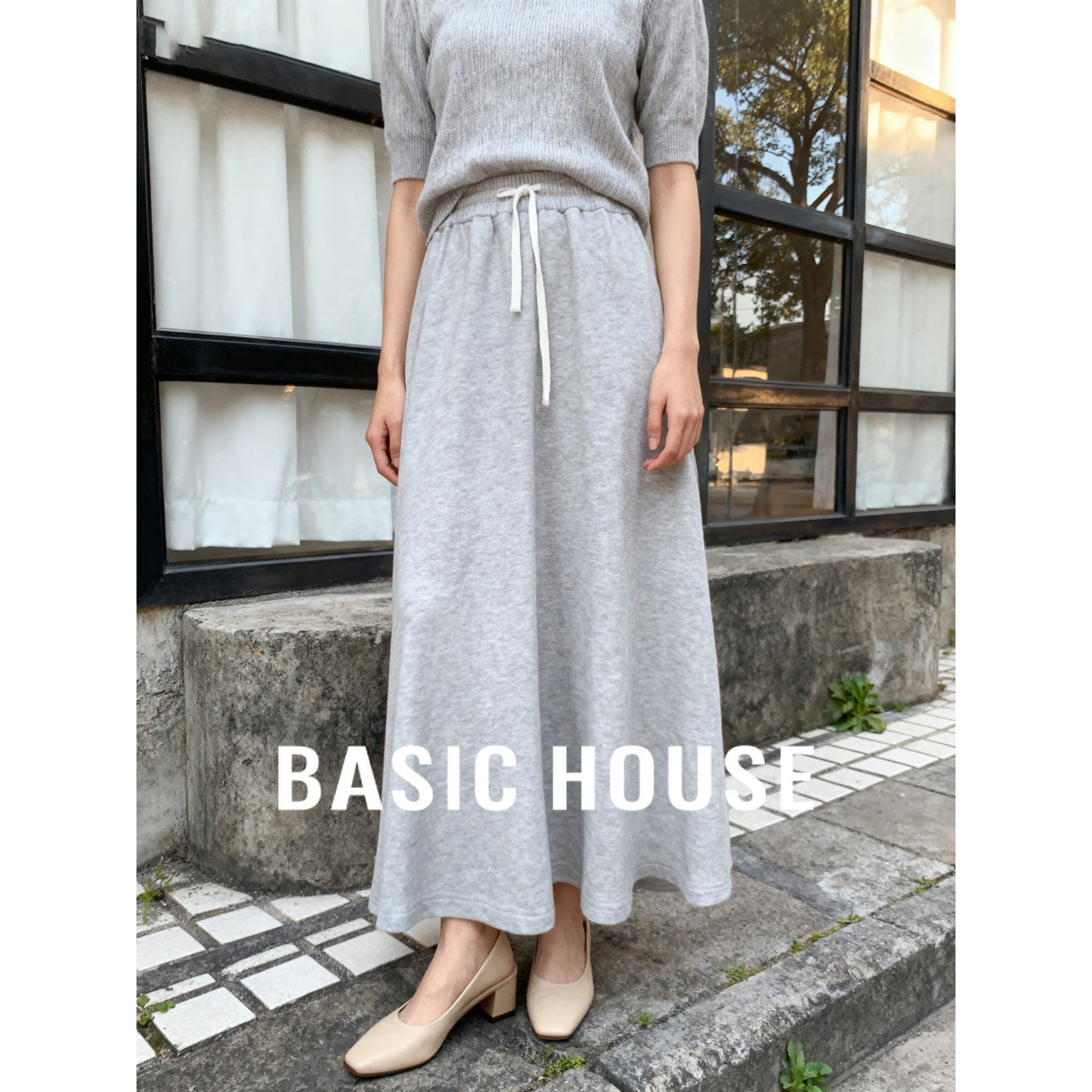 Basic House/百家好春季新款抽绳A字半身裙小个子宽松显瘦中长裙
