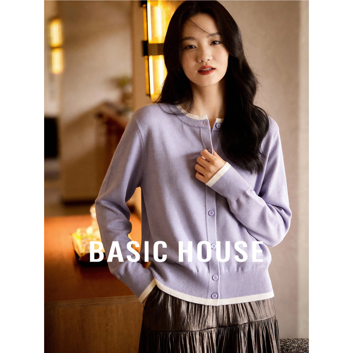 百家好撞色拼接假两件针织开衫上衣春季新款女士宽松紫色毛衣外套