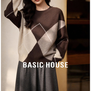 百家好美拉德菱格保暖毛衣加厚25冬新款女士慵懒风软糯羊毛针织衫