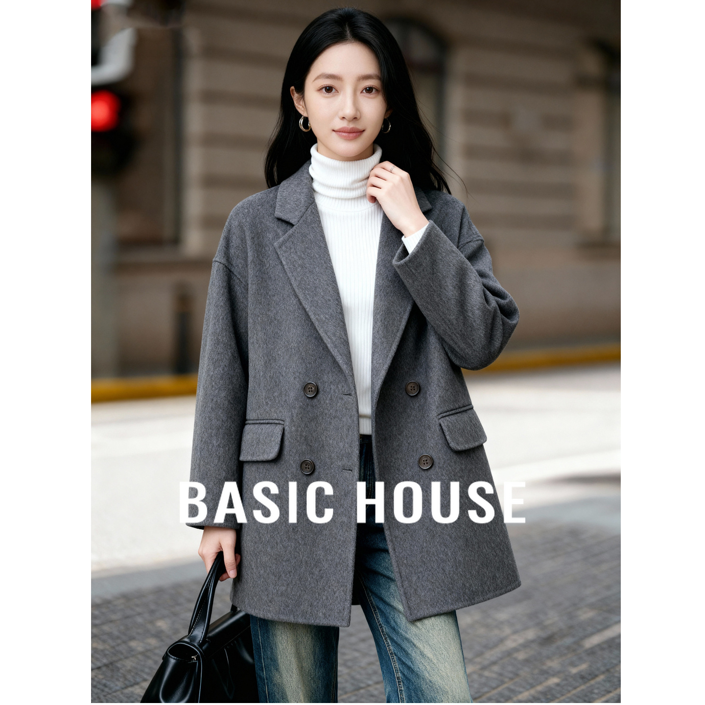 Basic House/百家好英伦中长款双面呢外套女冬通勤西装领毛呢大衣