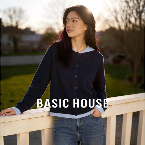 Basic House/百家好撞色连帽假两件针织衫女新款通勤羊毛开衫外套