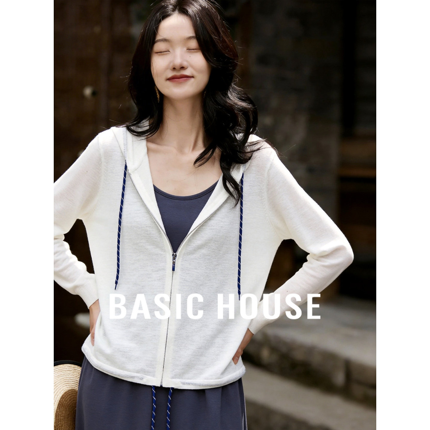 Basic House/百家好连帽拉链针织衫女春季新款轻薄透气长袖外套