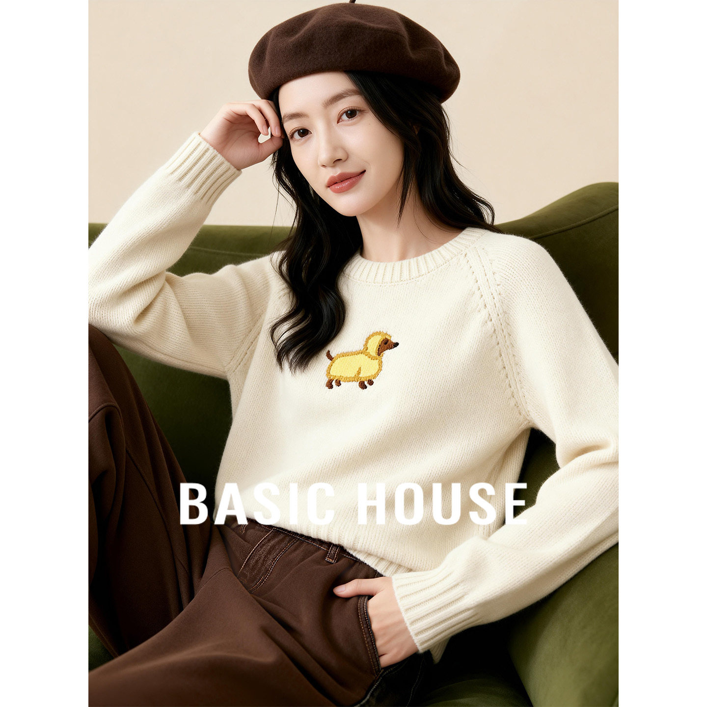 Basic House/百家好小狗提花圆领毛衣女冬季宽松套头百搭针织上衣