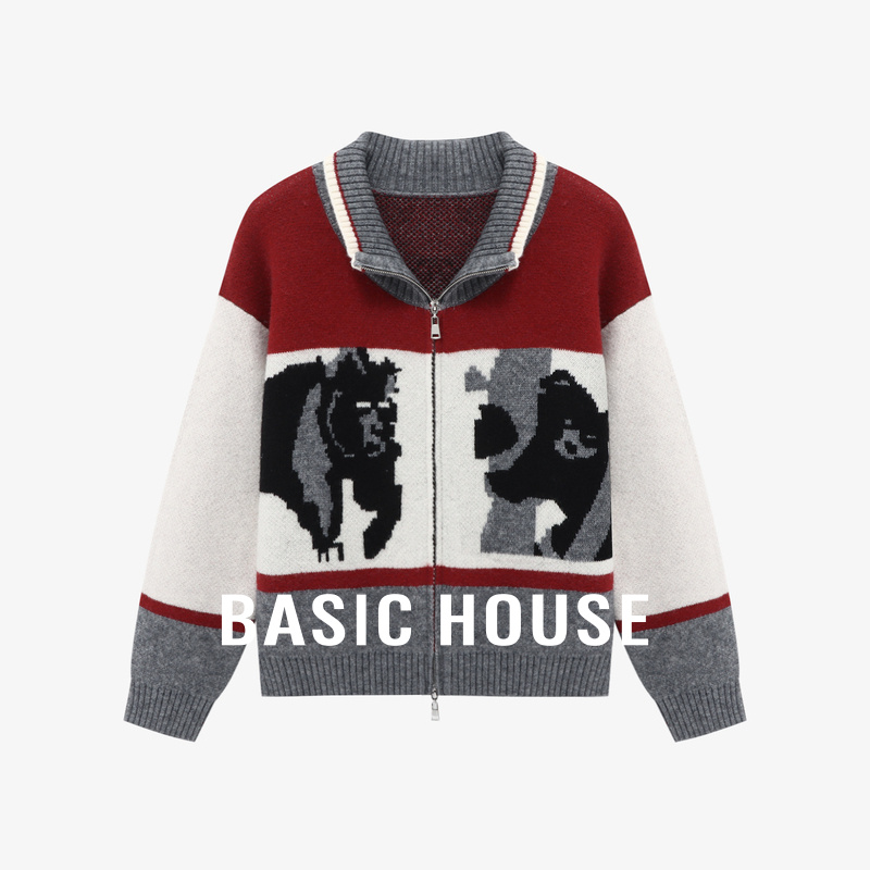 Basic House/百家好韩系撞色翻领提花毛衣新款双拉链宽松开衫外套