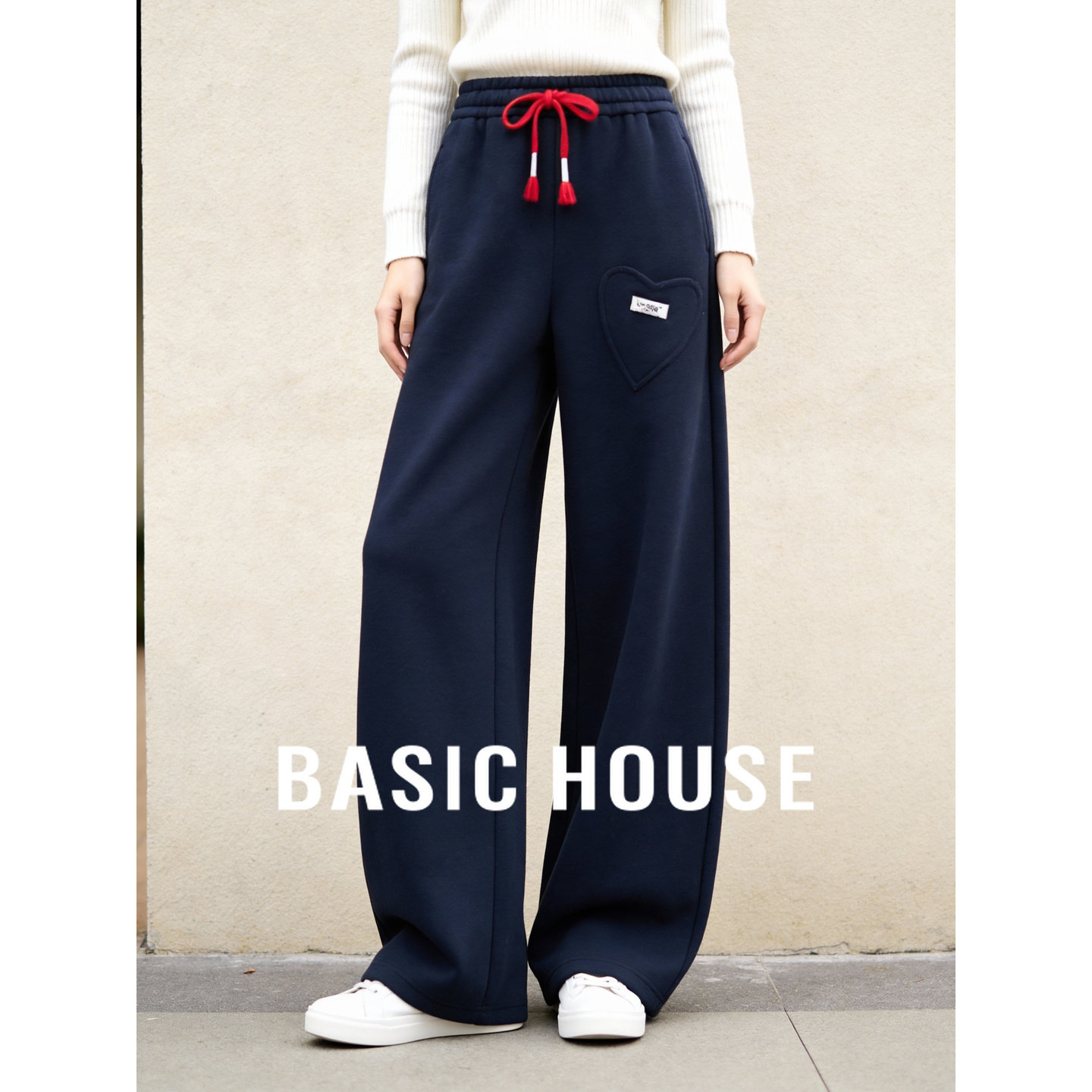 百家好爱心刺绣加绒运动裤女士冬季2025新款系带宽松休闲阔腿裤子