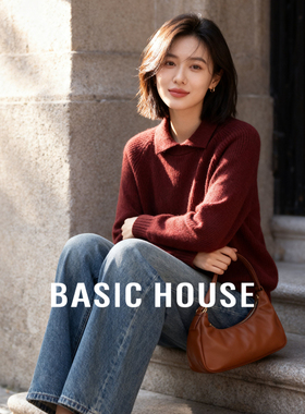 Basic House/百家好红色翻领毛衣秋冬新款气质泡泡袖套头短款上衣