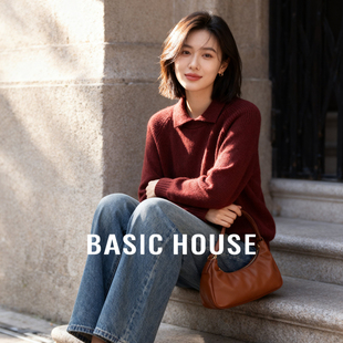 套头短款 Basic 气质泡泡袖 百家好红色翻领毛衣秋冬新款 上衣 House