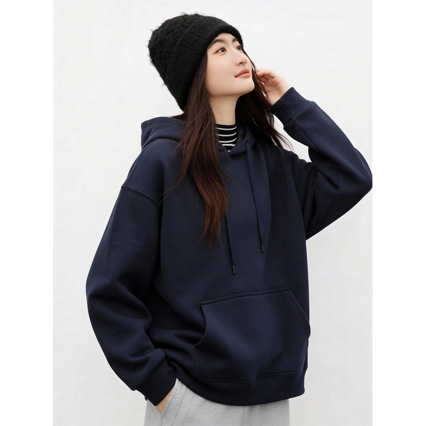 百家好藏青色加绒加厚连帽卫衣女冬季新款美式慵懒风保暖休闲上衣