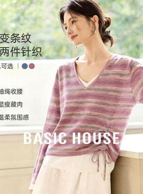 Basic House/百家好条纹假两件针织衫女v领抽绳温柔风长袖上衣春