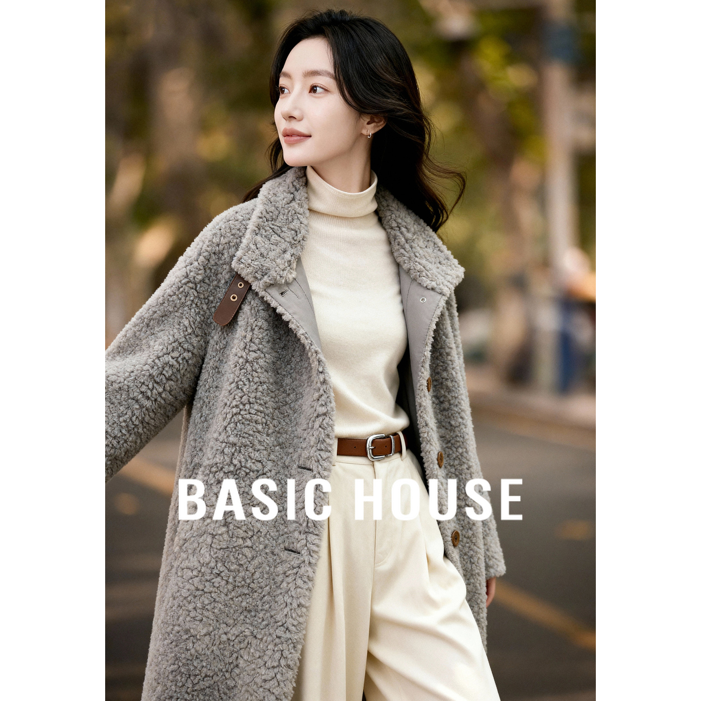 Basic House/百家好立领宽松颗粒中长款外套女冬季单排扣宽松大衣