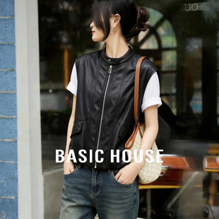 Basic House/百家好立领拉链皮马甲春季新款酷感无袖纯色外搭上衣