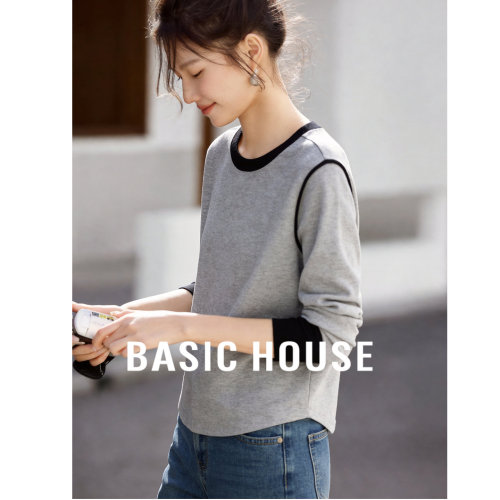 Basic House/百家好设计感撞色圆领针织衫女春季宽松显瘦气质上衣