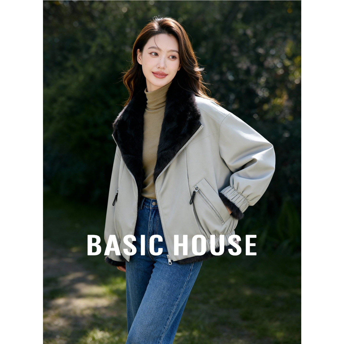 Basic House/百家好毛领短款夹克女冬季新款加厚保暖皮毛一体外套