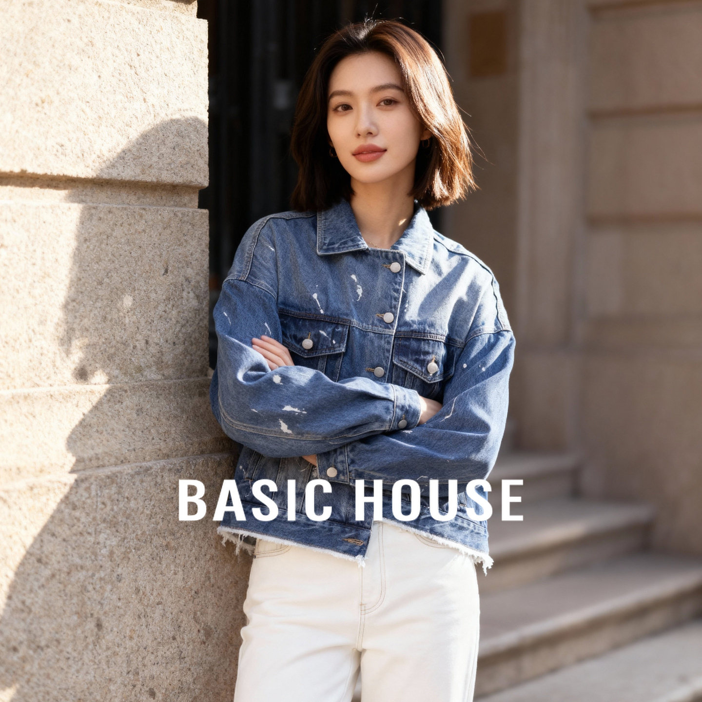 Basic House/百家好泼墨牛仔外套25秋季宽松复古做旧工装夹克上衣