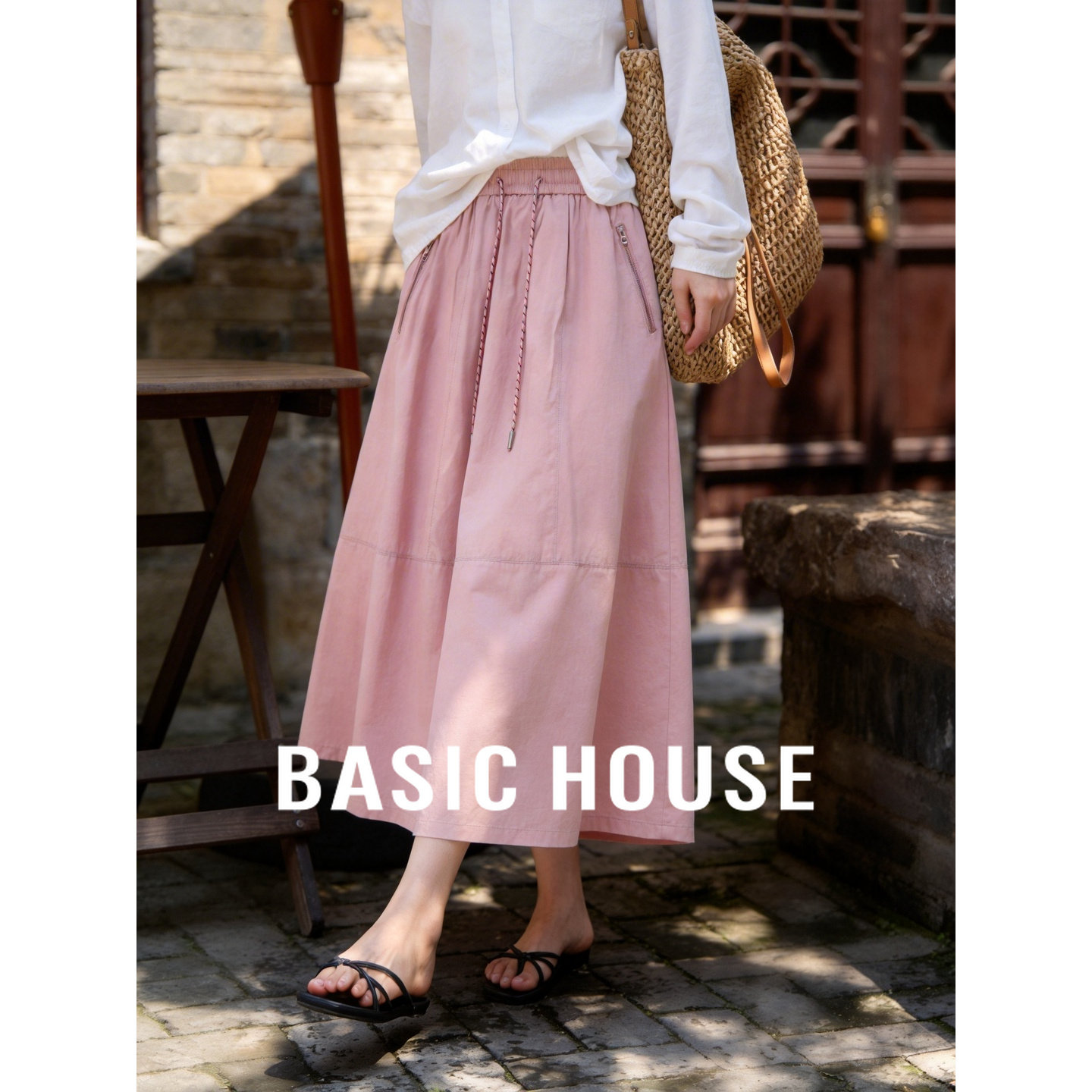 Basic House/百家好粉色简约半身裙女夏季高腰A字大摆中长款伞裙