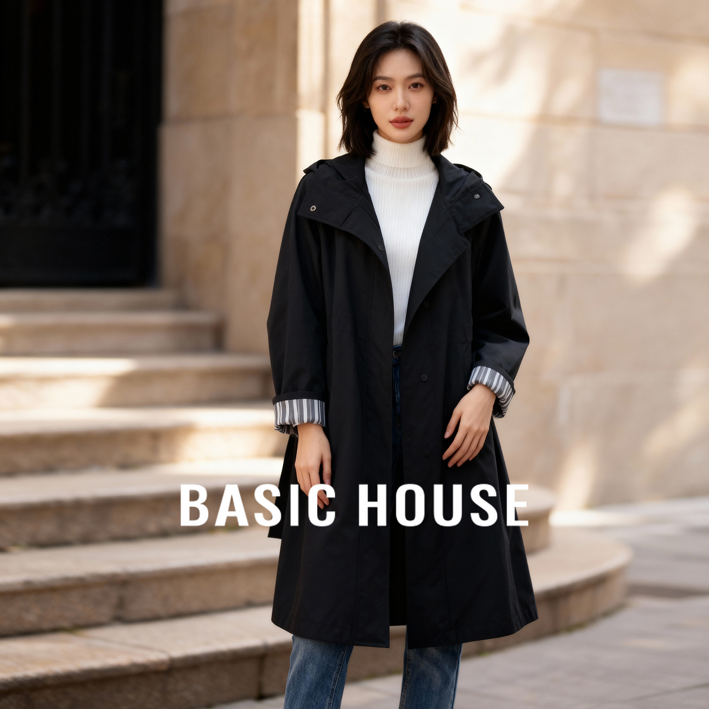 Basic House/百家好中长款白鹅绒羽绒服女冬季英伦风袖口条纹外套