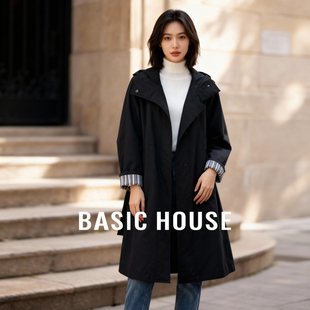 英伦风袖 Basic 白鹅绒羽绒服女冬季 百家好中长款 口条纹外套 House